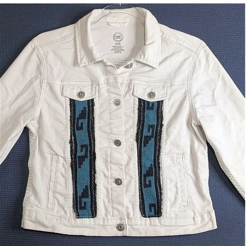 Wonder Nation Girls White Denim Jacket Southwestern Woven Panels XL 14-16 Boho
